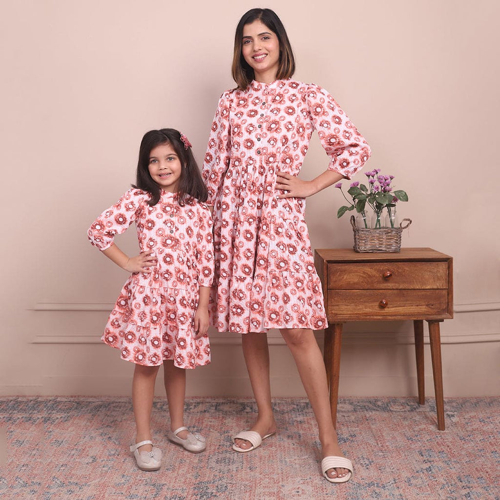 Orange Printed Casual Mom & Daughter Dress Set