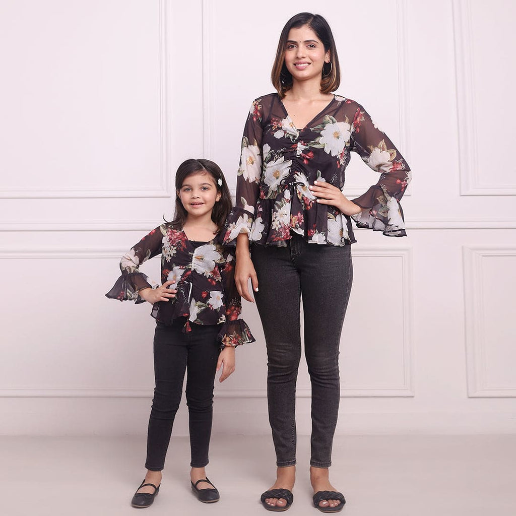 Black Floral Print Full Sleeves Mom & Daughter Top Set