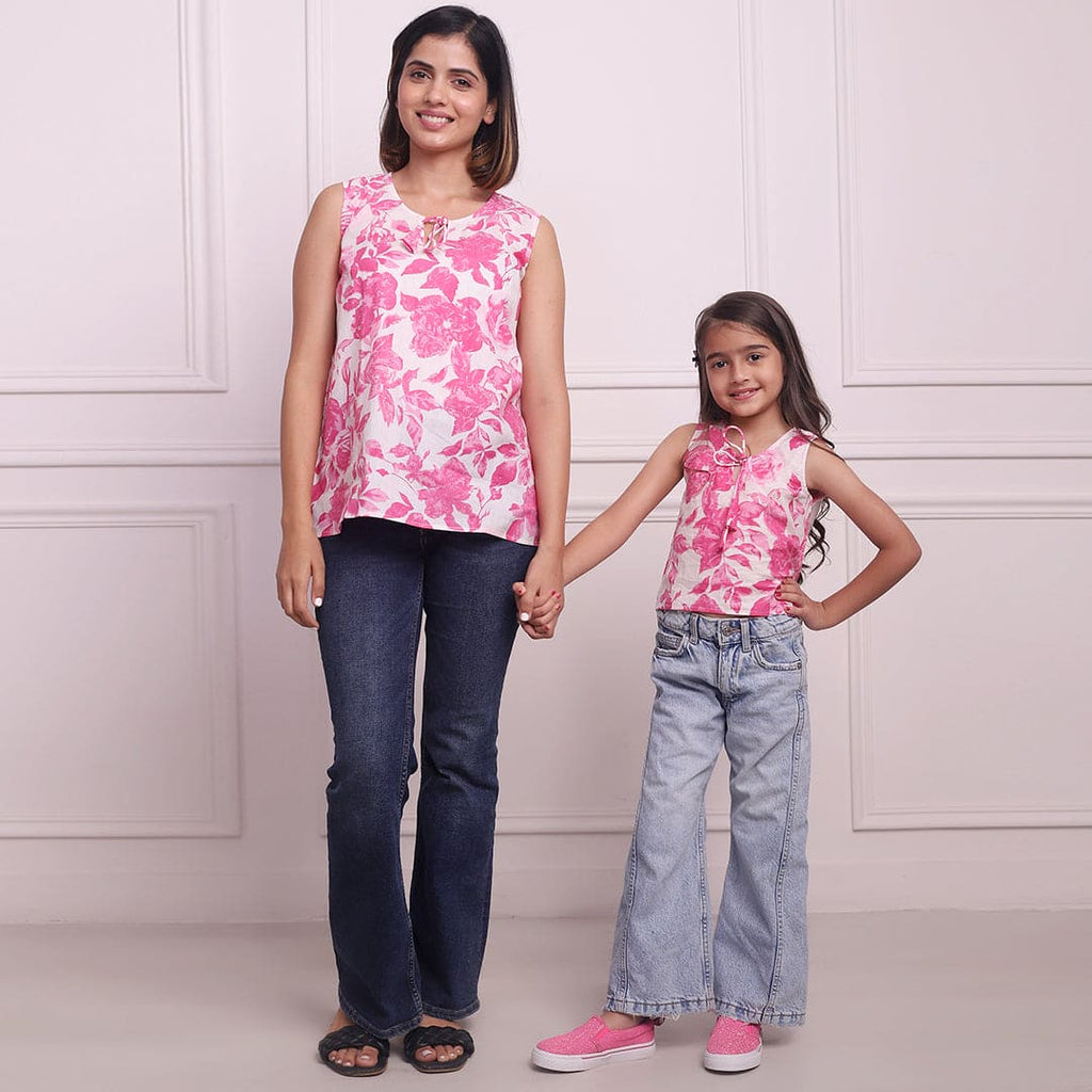 Fuchsia Floral Printed Sleeveless Mom & Daughter Top Set