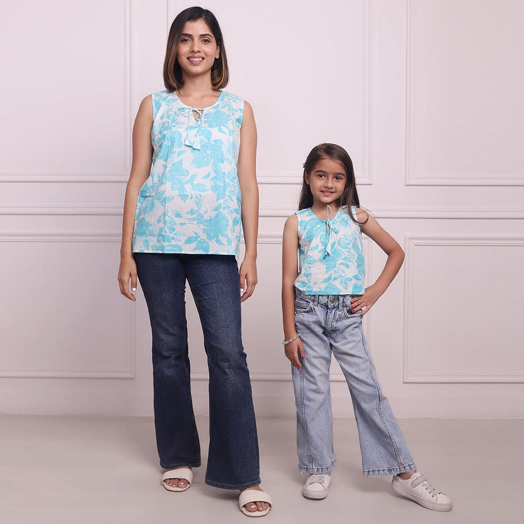 Blue Floral Printed Sleeveless Mom & Daughter Top Set