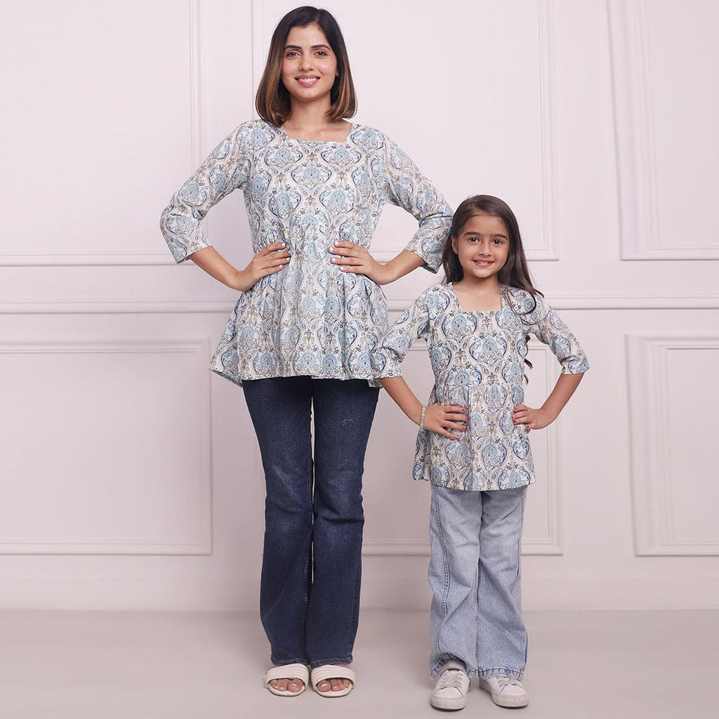 Blue Oriental Print Mom & Daughter Tunic Set