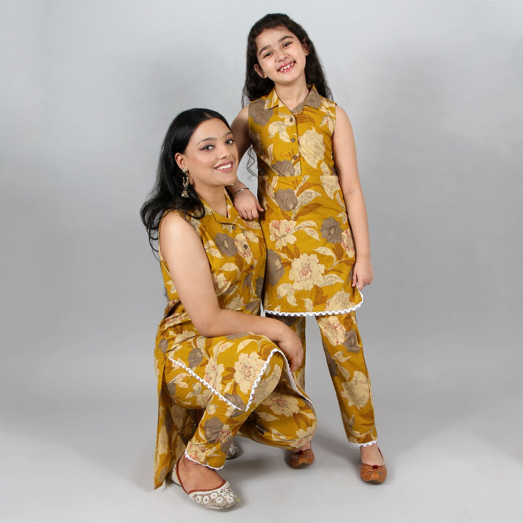 Mustard Floral Print Kurta-Trousers Mom & Daughter Set Mom & Daughter Mustard S 1-2 Y