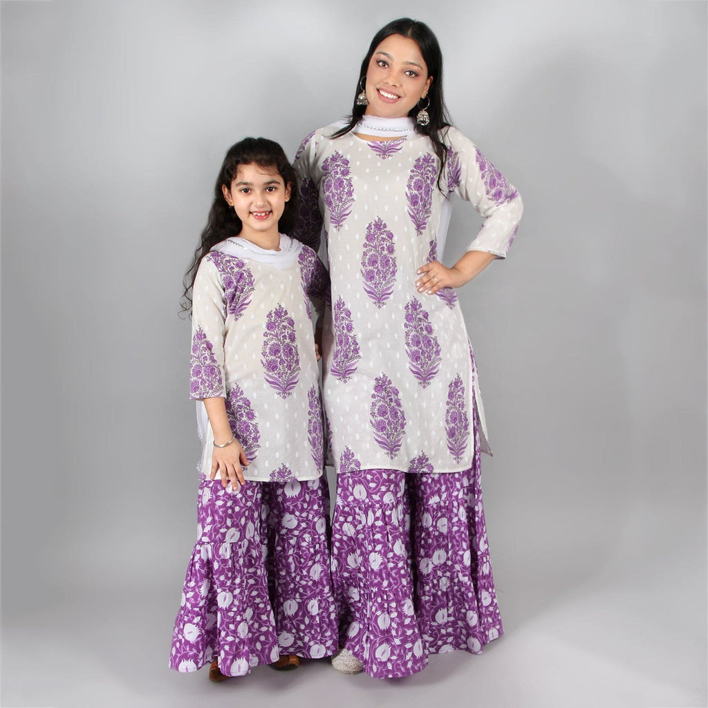 White Printed Kurta with Sharara Mom & Daughter Set