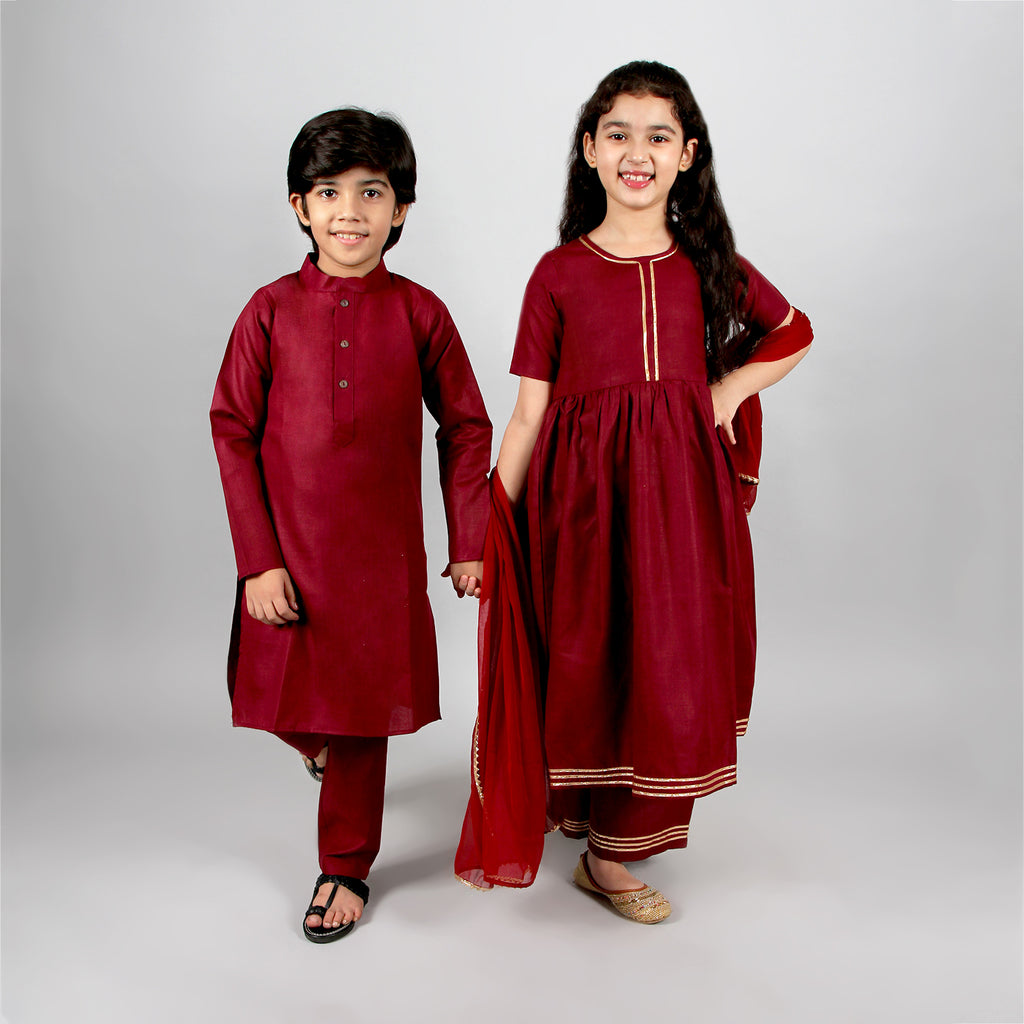 Maroon Kurta-Pyjama & Anarkali-Pants Sibling Set Siblings Set Maroon 3-4 Y 3-4 Y