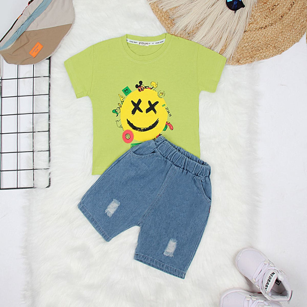 Boys Light Green Smiley Print Tshirt with Denim Bermuda Sets Light Green 2-3 Y