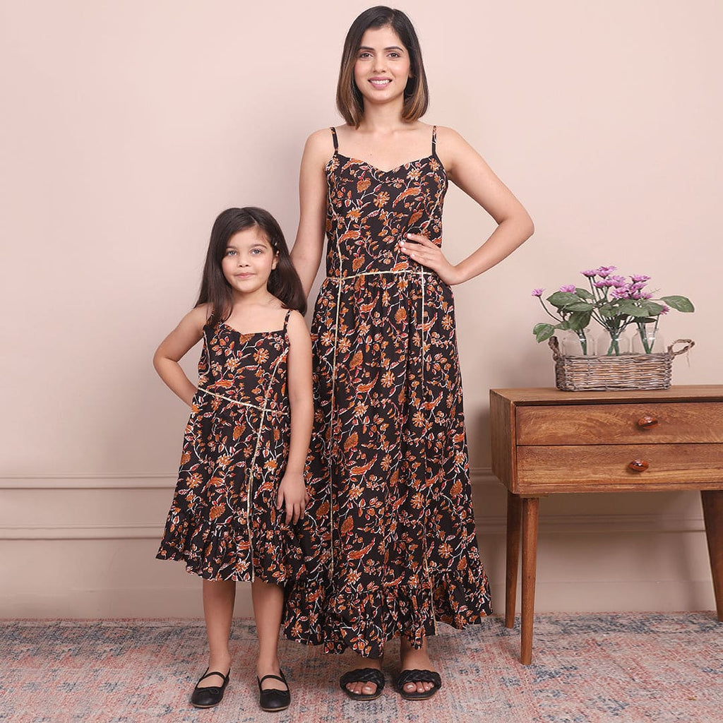 Black Floral Print Mom & Daughter Dress Set