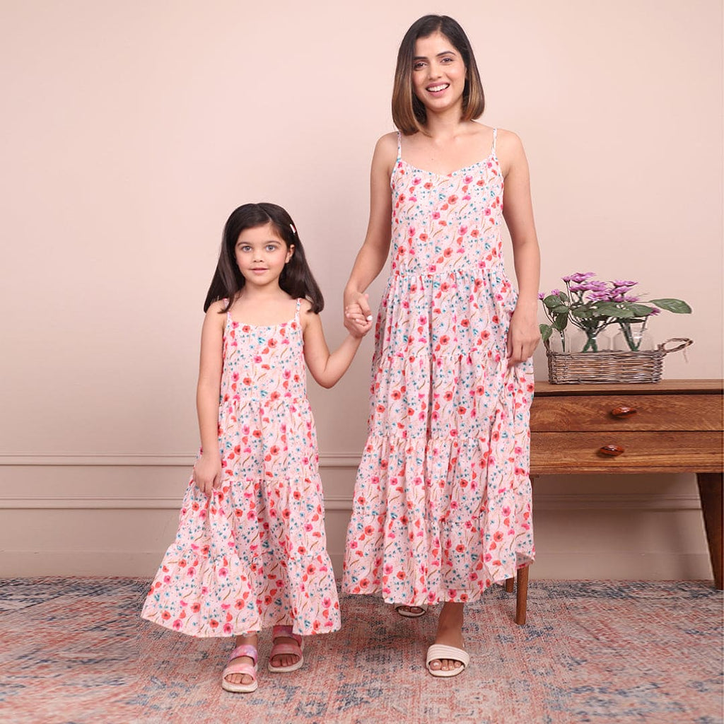 Peach Floral Print Strappy Mom & Daughter Maxi Dress Set