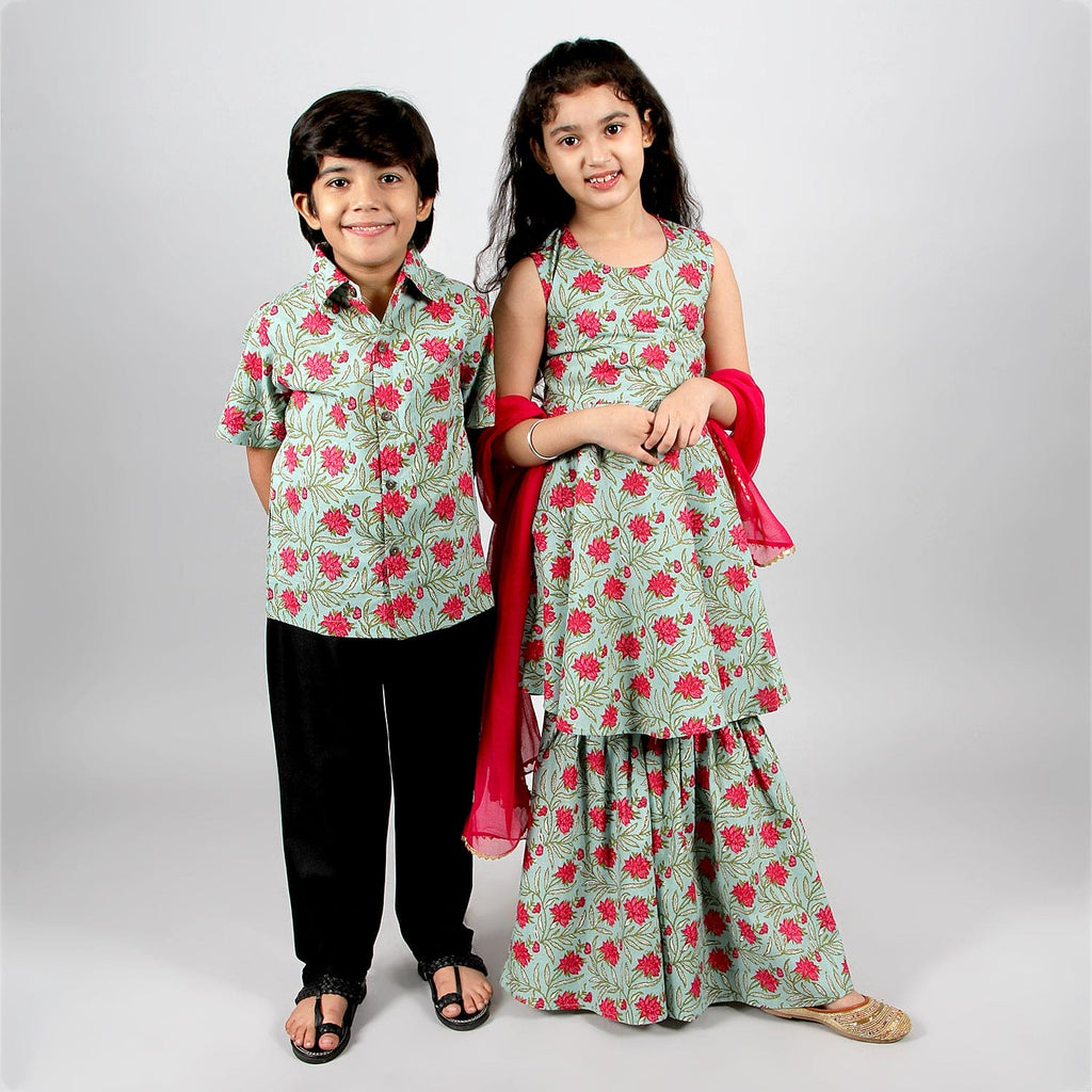 Sea Green Floral Print Shirt with Kurta-Sharara Sibling Set Siblings Set Sea Green 3-4 Y 3-4 Y