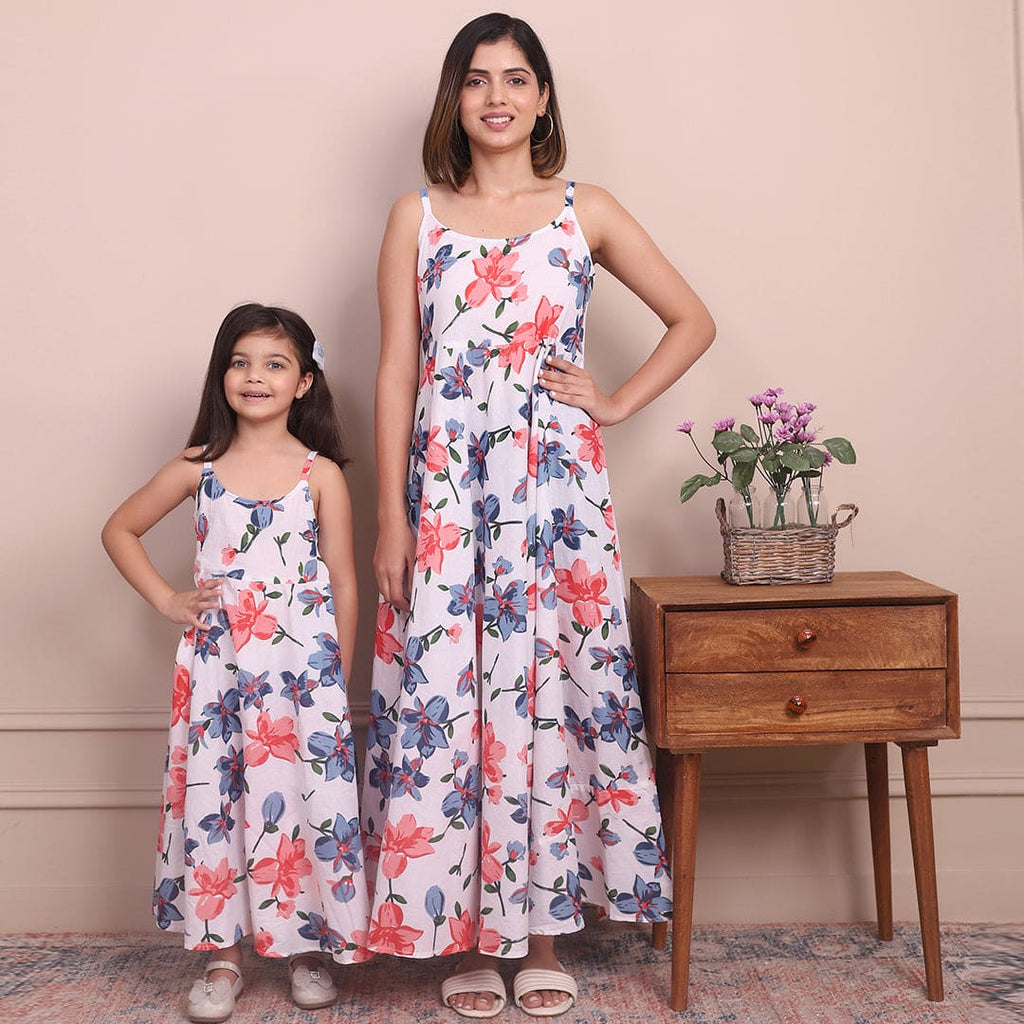 White Floral Print Mom & Daughter Maxi Dress Set