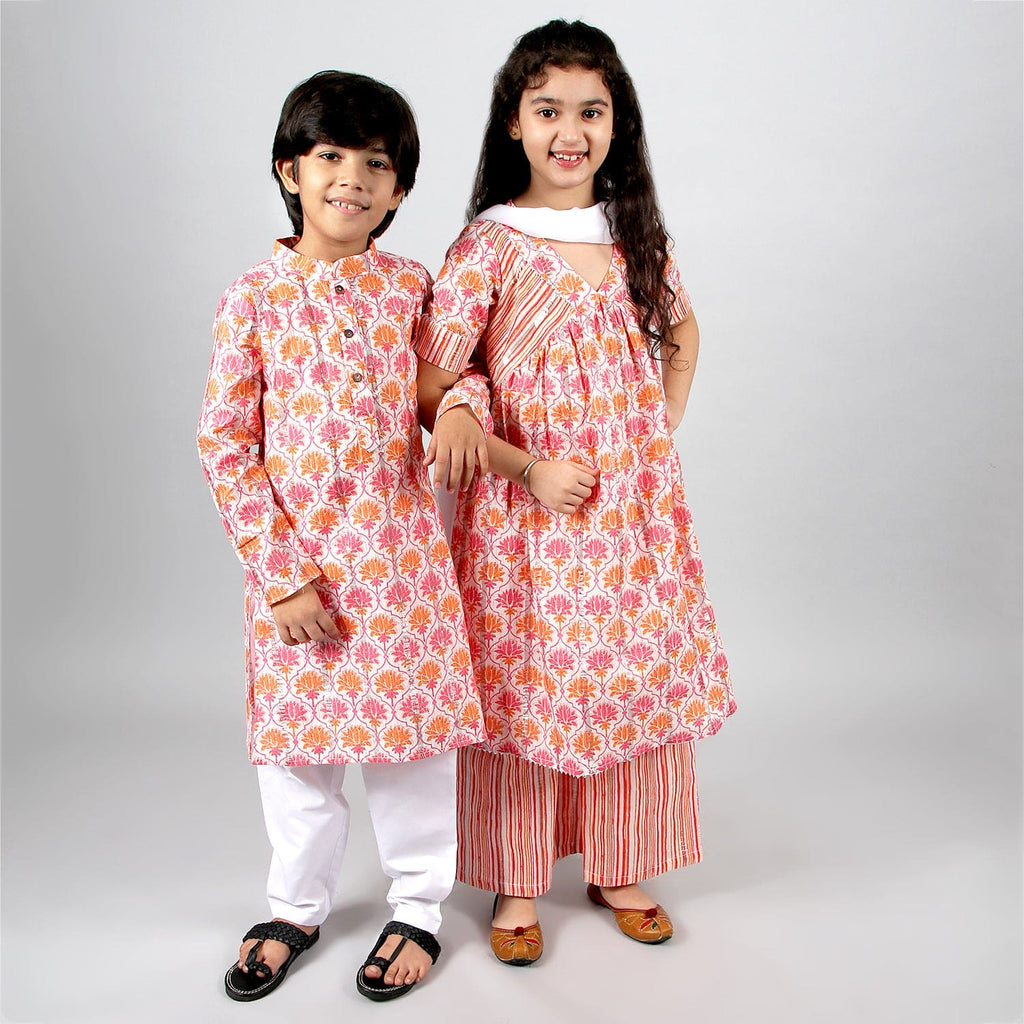Multicolored Printed Kurta-Pyjama with Anarkali-Pants Sibling Set