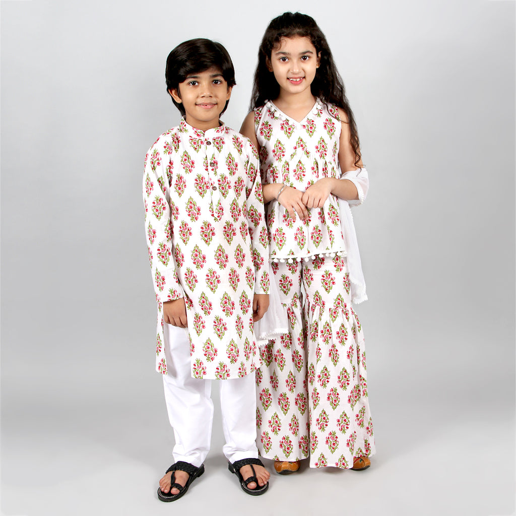 White Block Printed Kurta-Pyjama with Kurta-Sharara Sibling Set Siblings Set White 3-4 Y 3-4 Y