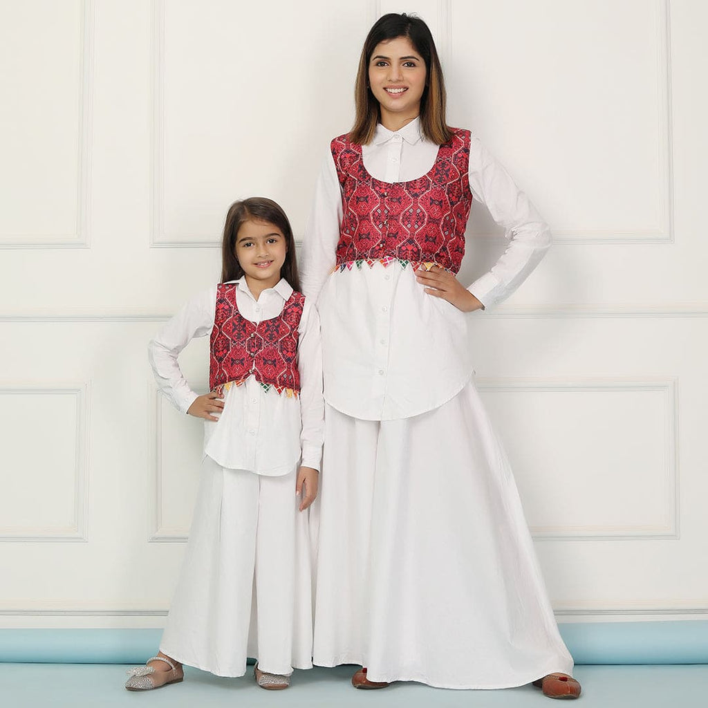 White Shirt with Embroidered Jacket & Gharara Mom & Daughter Set