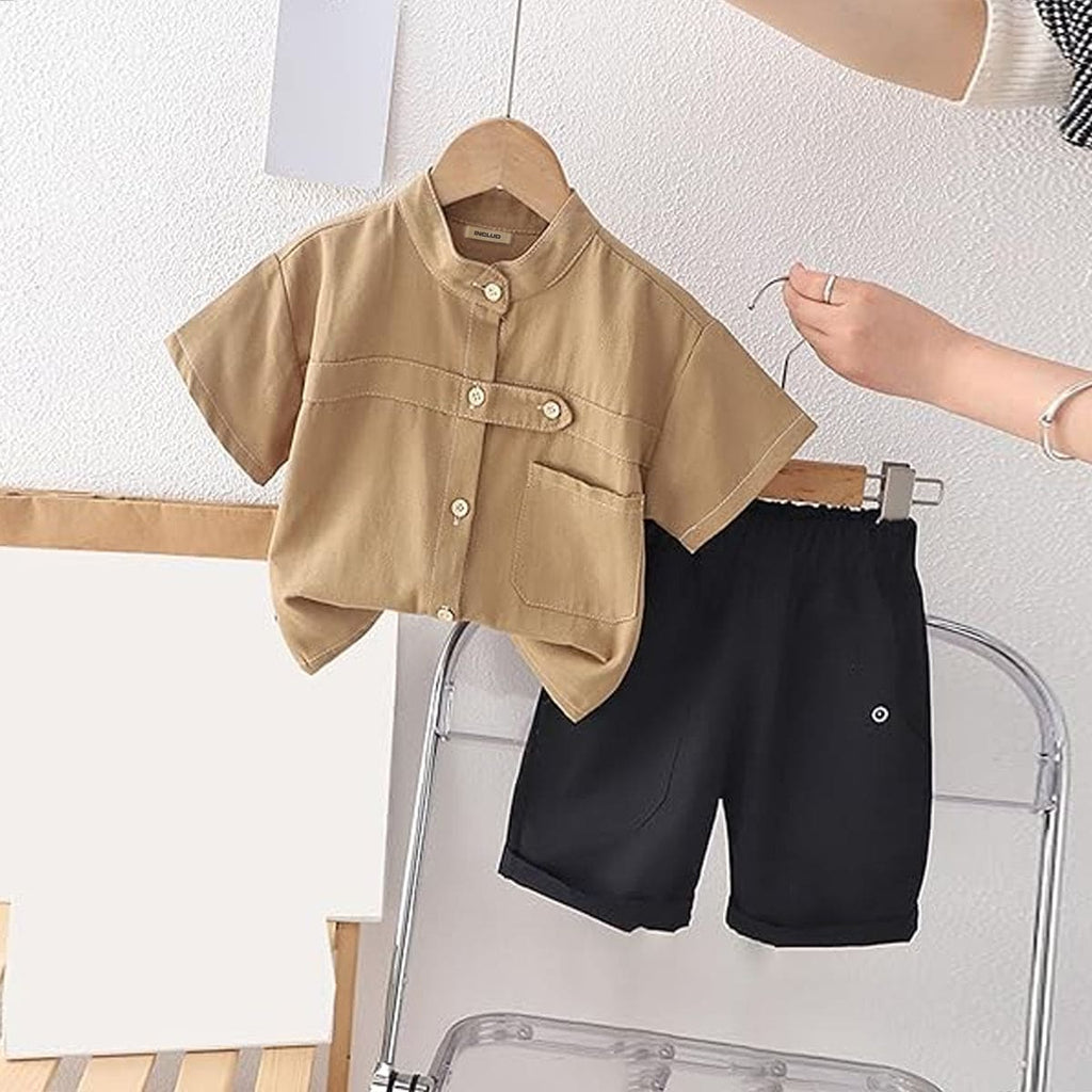 Boys Khaki Strap Closer Shirt With Shorts Sets Khaki 1-2 Y