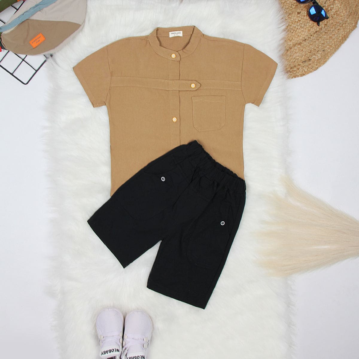 Boys Khaki Strap Closer Shirt With Shorts Sets