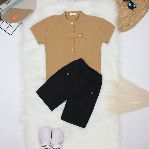 Boys Khaki Strap Closer Shirt With Shorts Sets