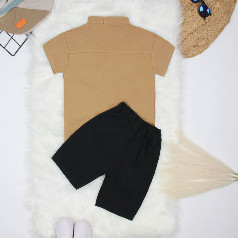 Boys Khaki Strap Closer Shirt With Shorts Sets