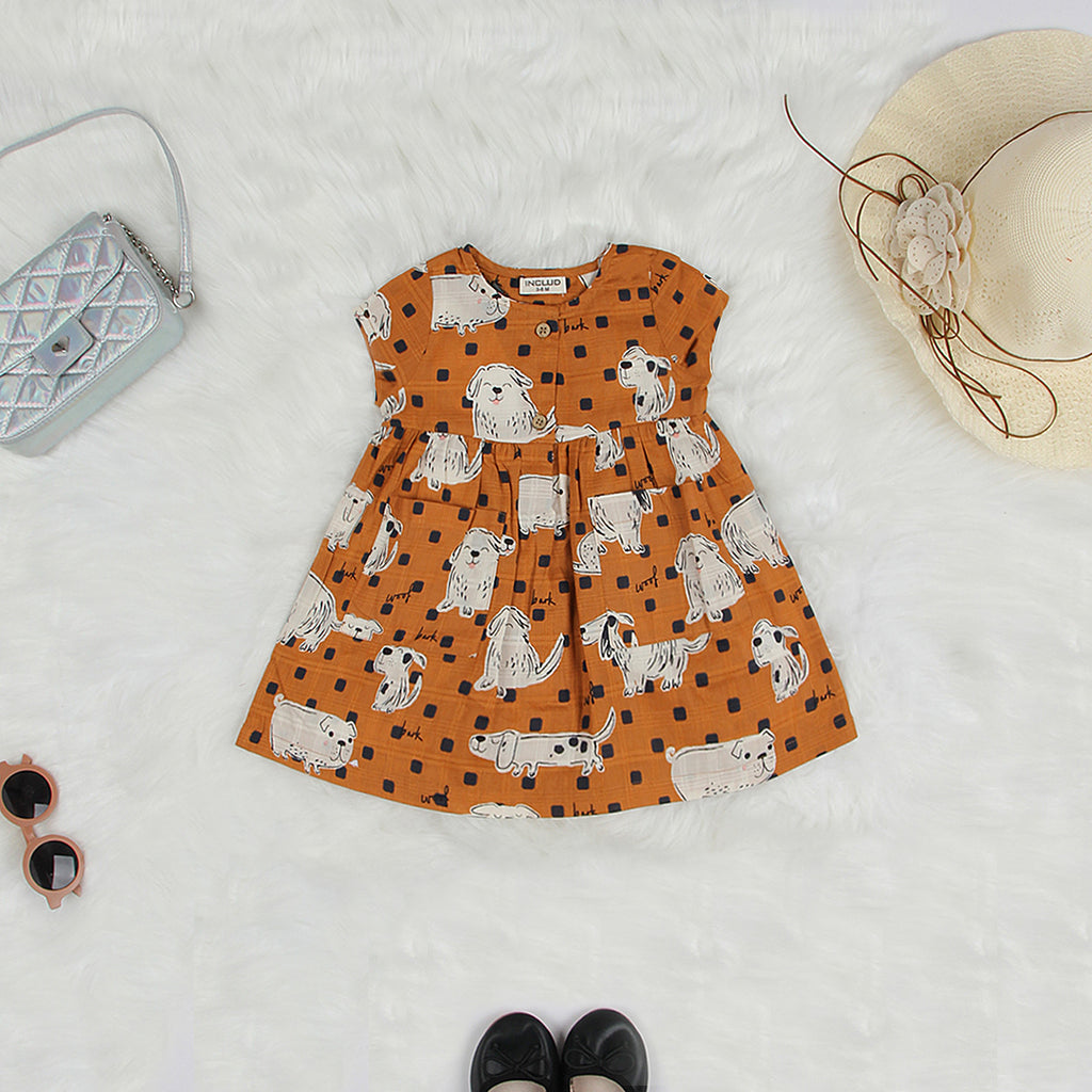 Girls Dog Print Fit & Flare Casual Dress Casual Dresses Brown 3-6 M