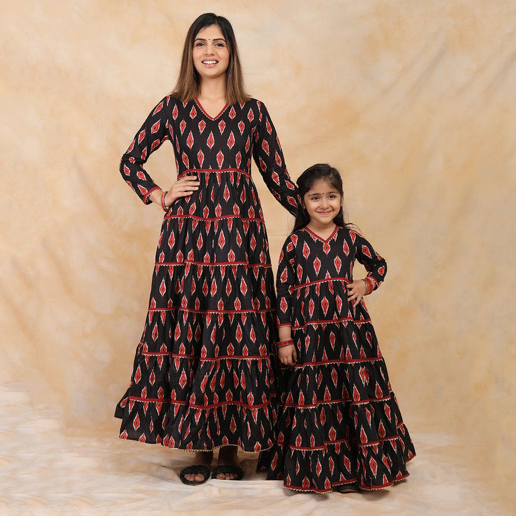 Black-Red Ikkat Printed Anarkali Gown Mom & Daughter Set