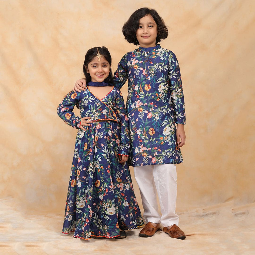 Navy Floral Printed Kurta-Pyjama & Lehenga-Choli Siblings Set