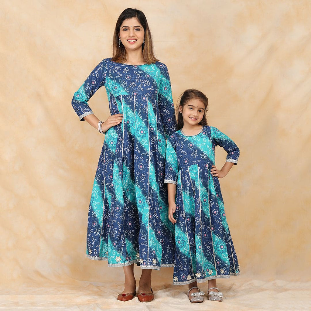 Blue Leheriya Printed Anarkali Mom & Daughter Set