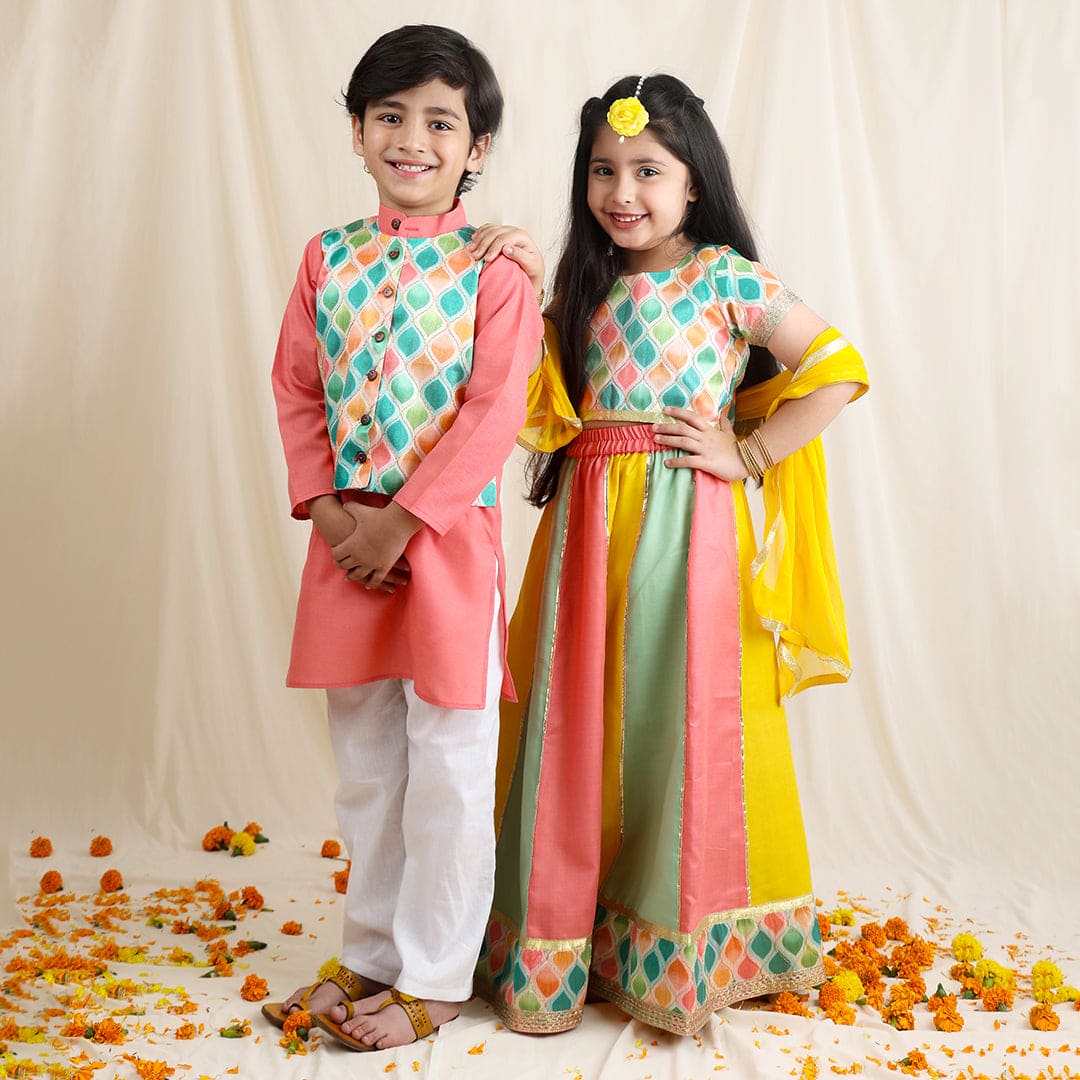 Multicolor Kurta Pyjama & Lehenga Sibling Set Siblings Set   