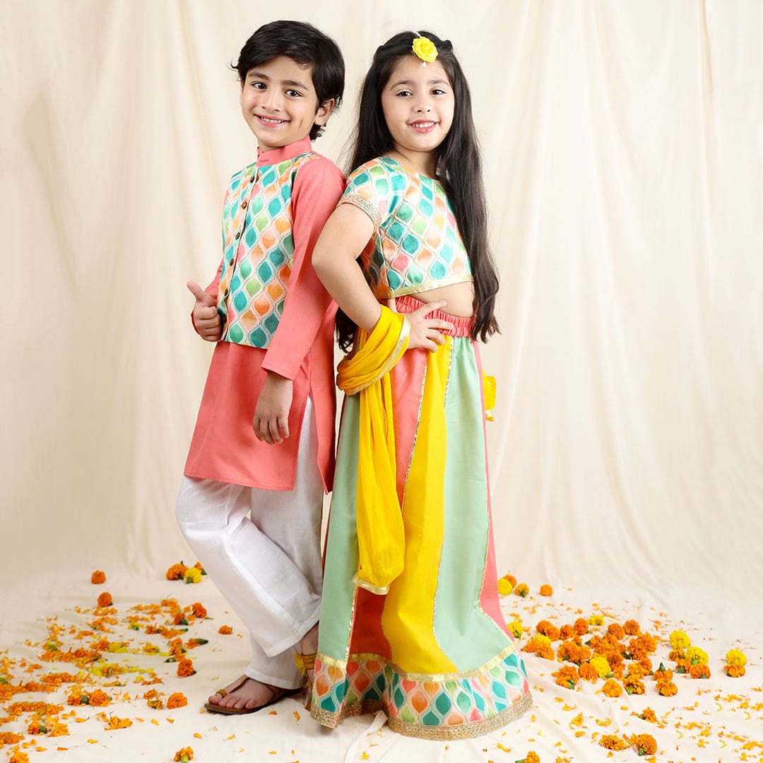 Multicolor Kurta Pyjama & Lehenga Sibling Set Siblings Set   