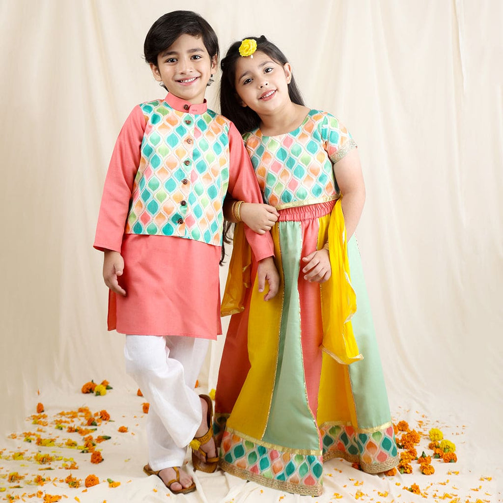 Multicolor Kurta Pyjama & Lehenga Sibling Set Siblings Set   