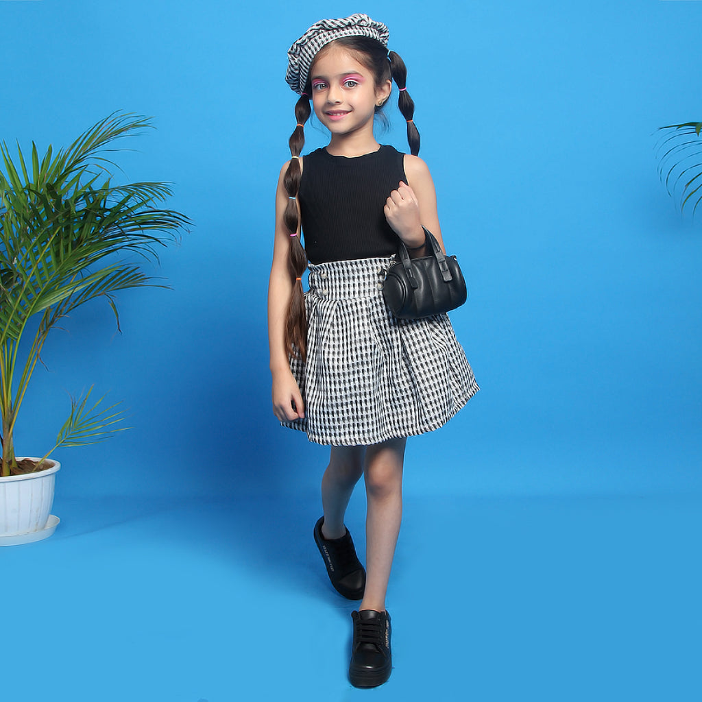 Girls Sleeveless Top with Pleated Skirt & Beret Hat Set Sets