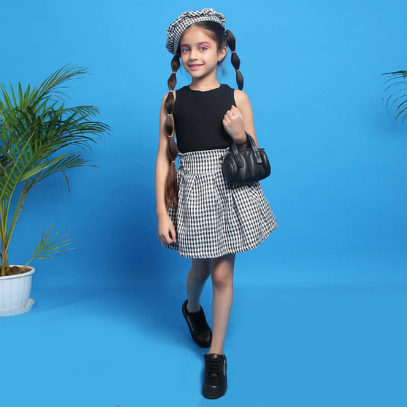Girls Sleeveless Top with Pleated Skirt & Beret Hat Set Sets