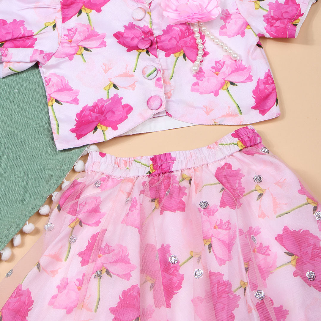 Girls Pink Floral Print Lehenga-Choli Set Ethnicwear Girls