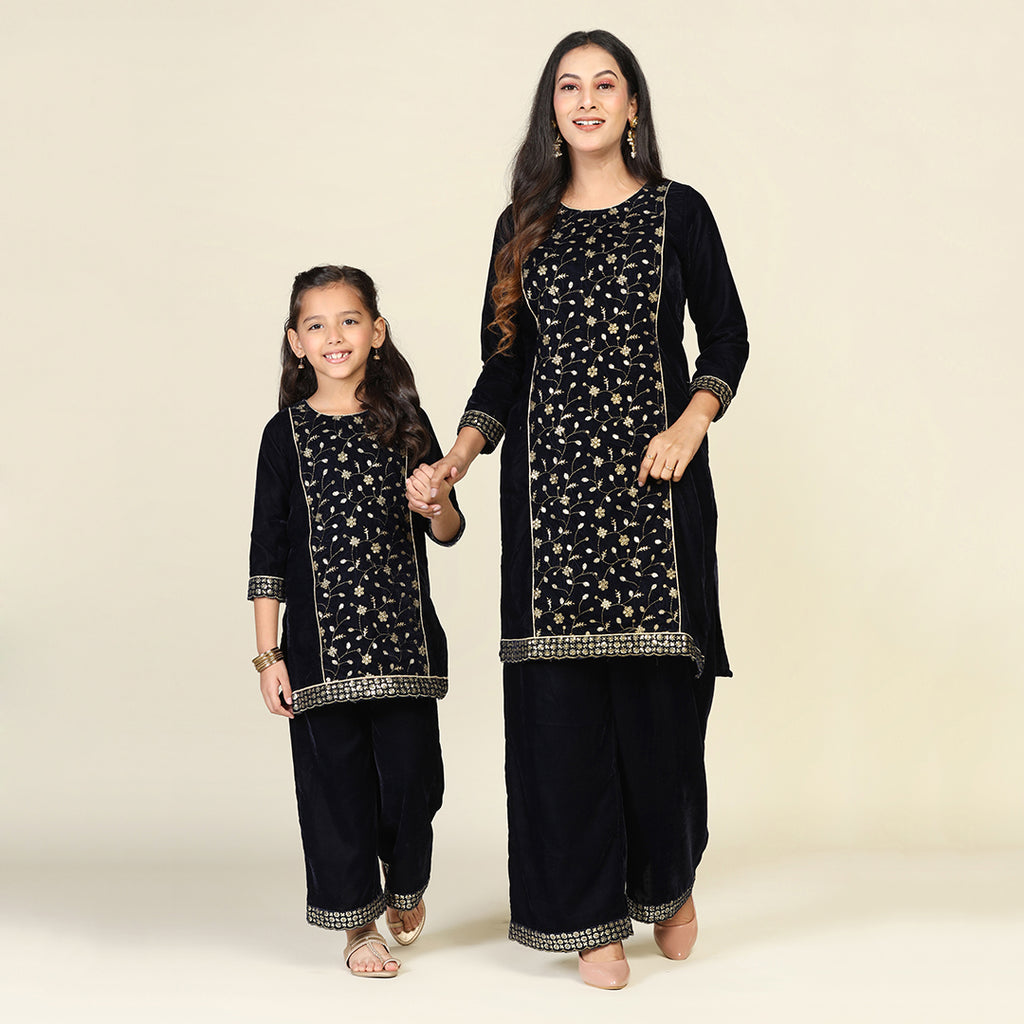 Navy Embroidered Velveteen Kurta with Pants Mom & Daughter Suit Set