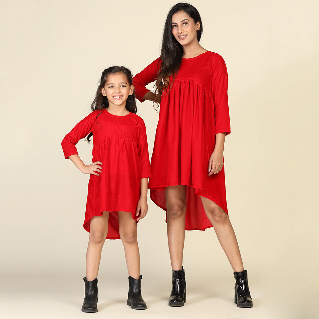Red Velveteen High-Low Hem Mom & Daughter Dress Set
