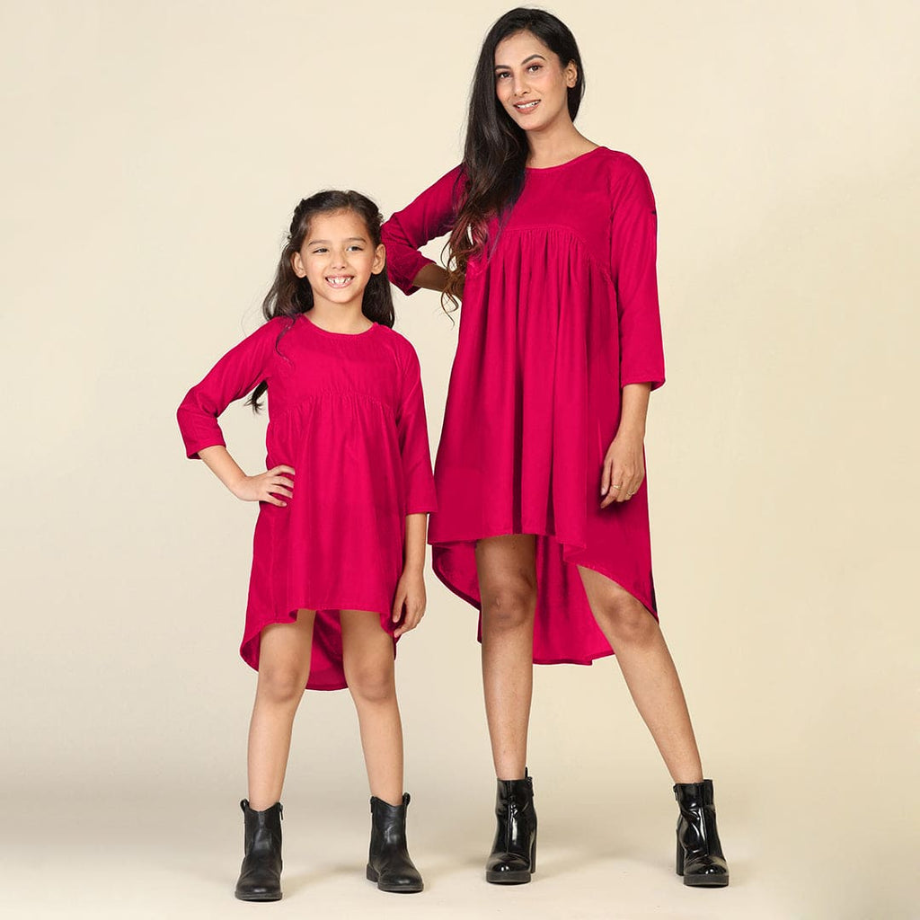 Fuchsia Velveteen High-Low Hem Mom & Daughter Dress Set