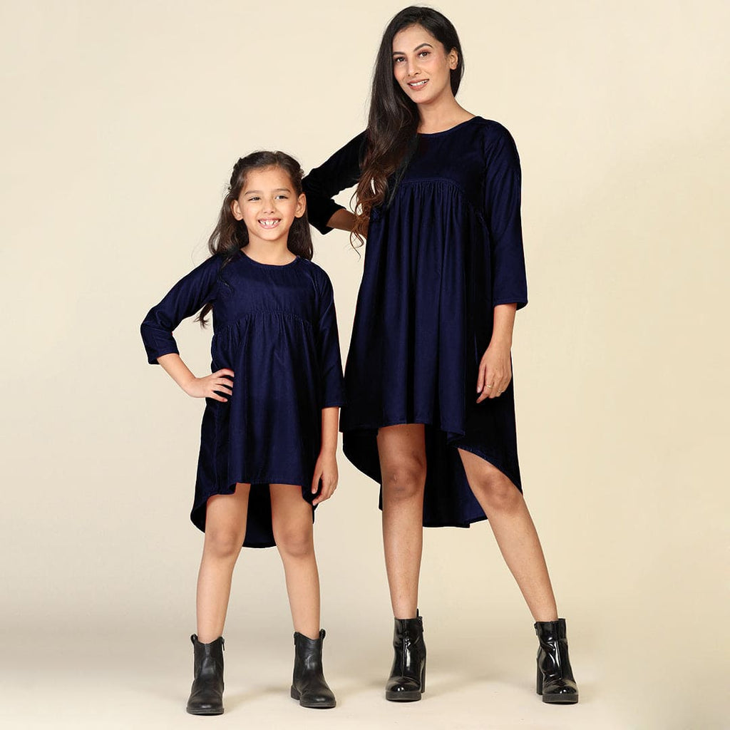 Navy Velveteen High-Low Hem Mom & Daughter Dress Set