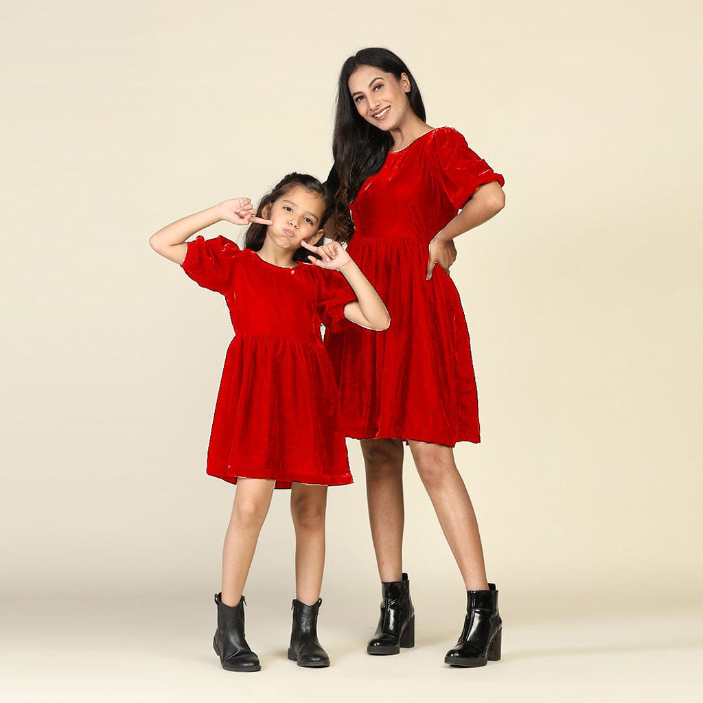 Red Velveteen Fit & Flare Mom & Daughter Dress Set