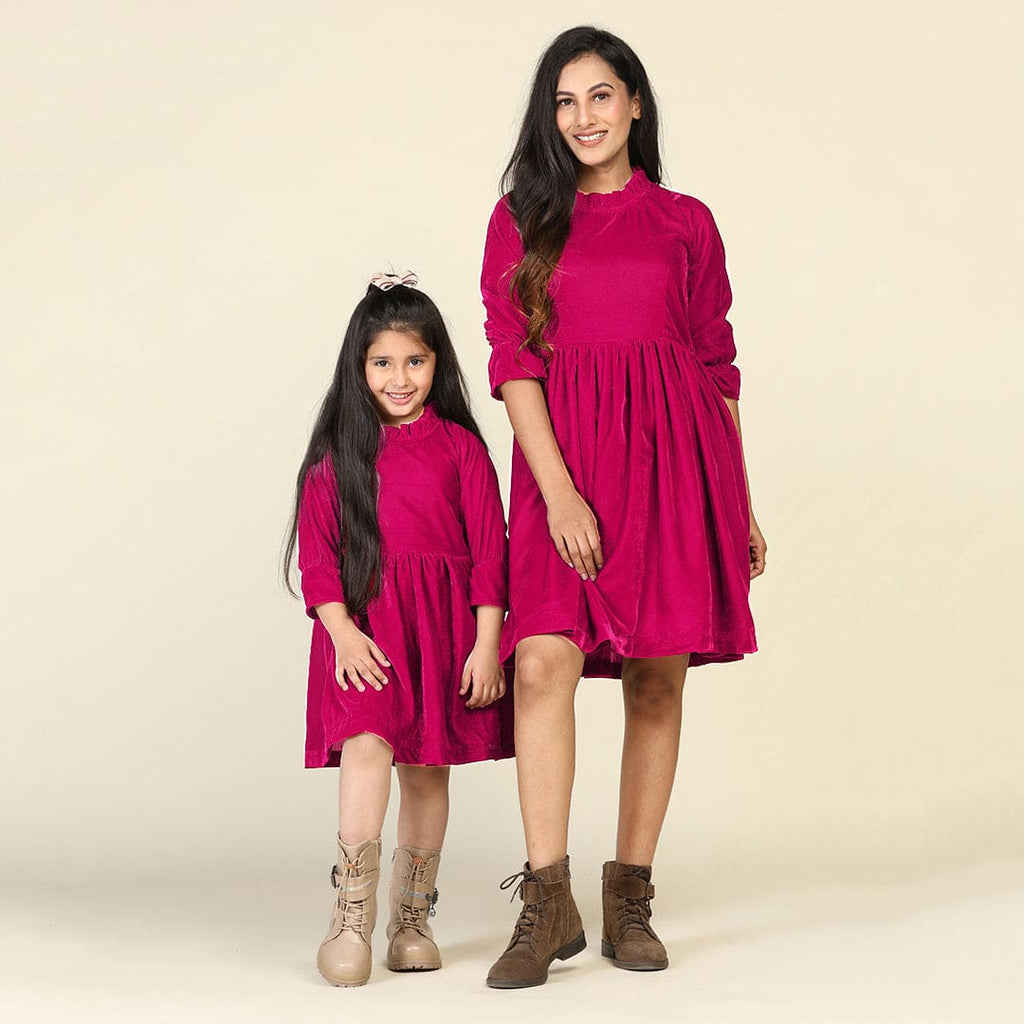 Fuchsia Velveteen Fit & Flare Mom & Daughter Dress Set