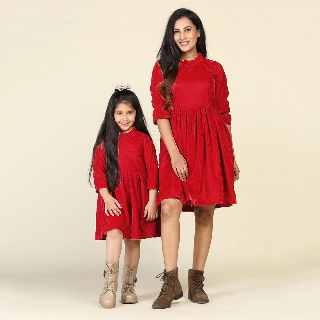 Red Velveteen Fit & Flare Mom & Daughter Dress Set