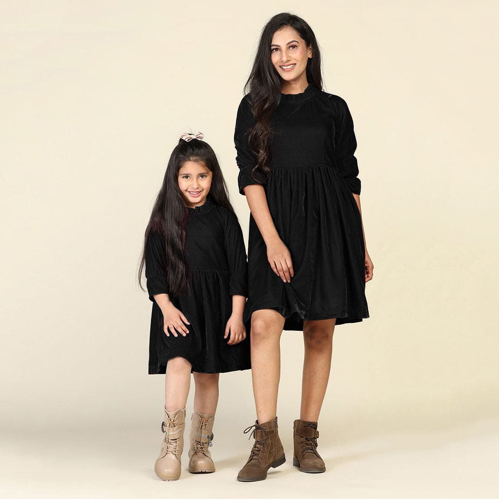 Black Velveteen Fit & Flare Mom & Daughter Dress Set