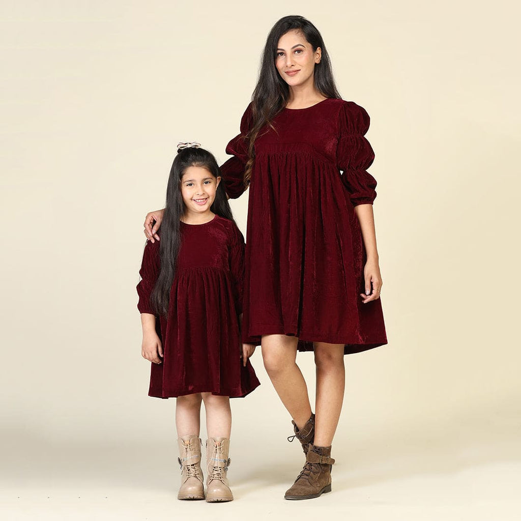 Maroon Velveteen Puff Sleeve Mom & Daughter Dress Set