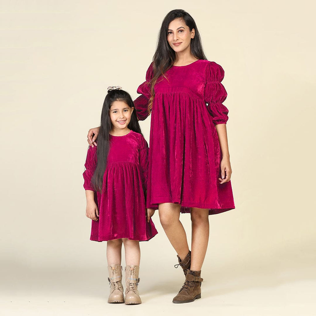 Fuchsia Velveteen Puff Sleeve Mom & Daughter Dress Set