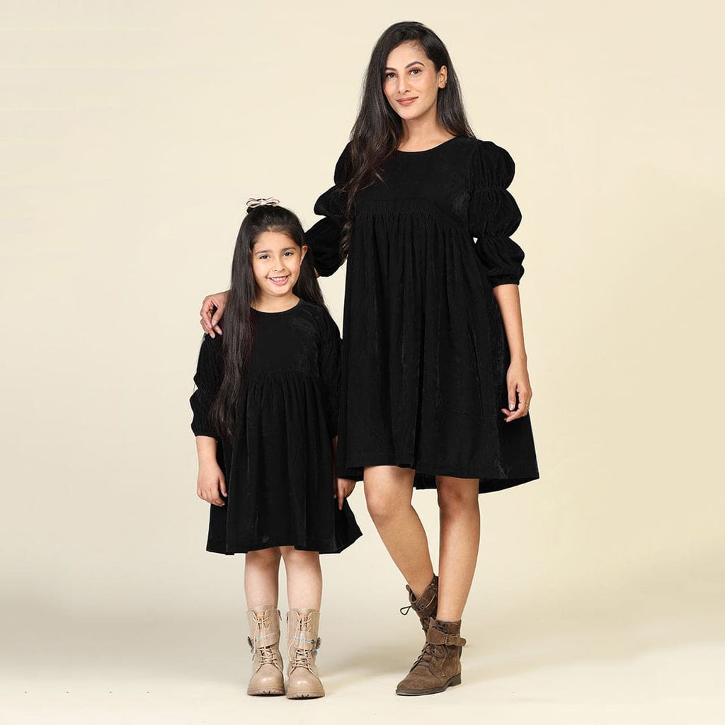 Black Velveteen Puff Sleeve Mom & Daughter Dress Set