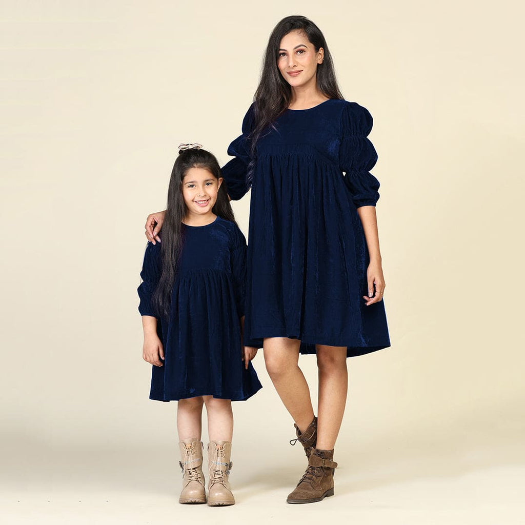 Navy Velveteen Puff Sleeve Mom & Daughter Dress Set