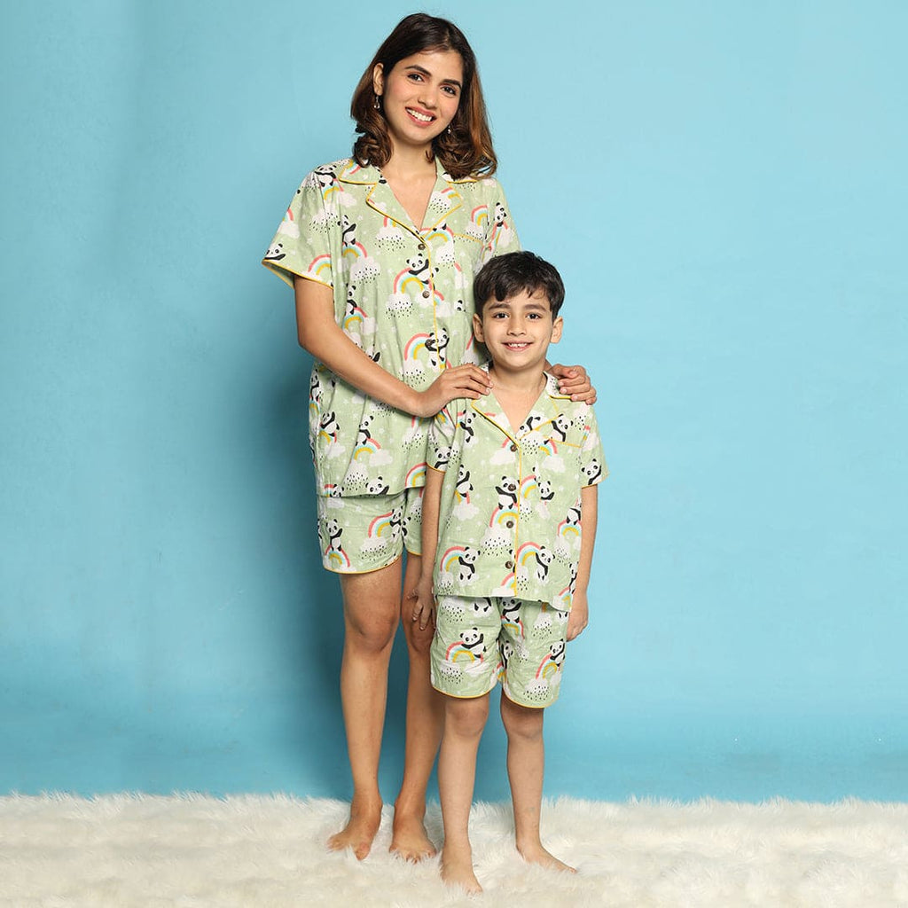 Sea Green Panda Printed Sleepwear Mom & Son Set