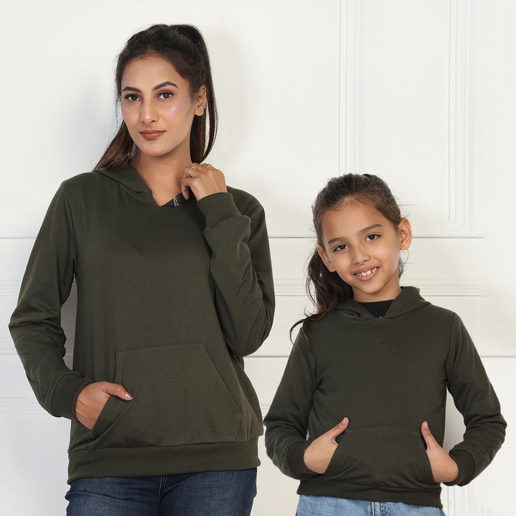Green Hooded Mom & Daughter Sweatshirt with Kangaroo Pocket