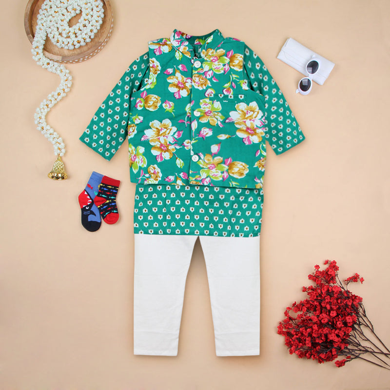 Boys Green Bandhani Printed Kurta Set Ethnic Gift Hamper Ethnicwear Boys