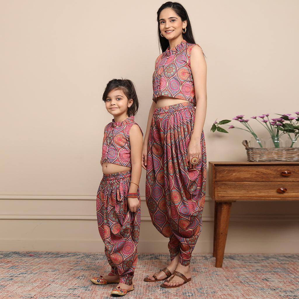 Multicolored Top with Cowl Pants Fusionwear Mom & Daughter Set