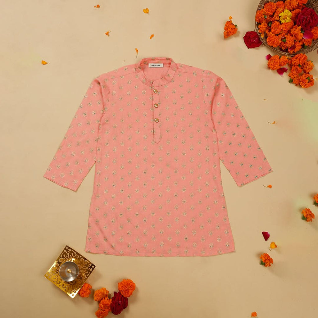 Boys Peach Printed Full Sleeves Kurta