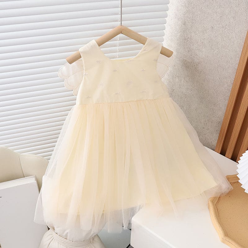 Girls Bow Embroidery Dress With Fairy Wings Casual Dresses Beige 1-2 Y 