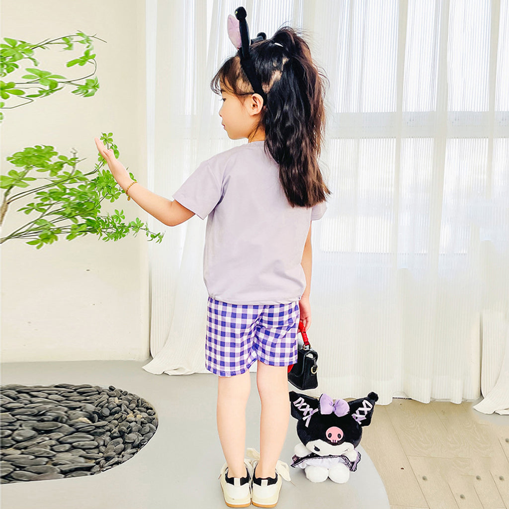 Girls Cartoon Graphic Top With Checked Shorts sets   
