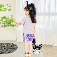 Girls Cartoon Graphic Top With Checked Shorts sets   